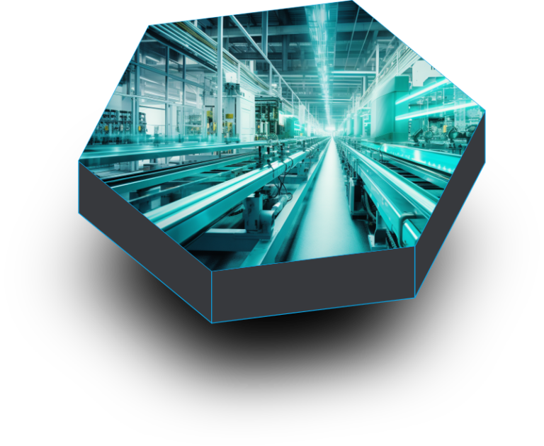 Dreidimensionales Hexagon mit industrieller Anlage und Maschinen auf der Oberfläche, symbolisiert Lean Management